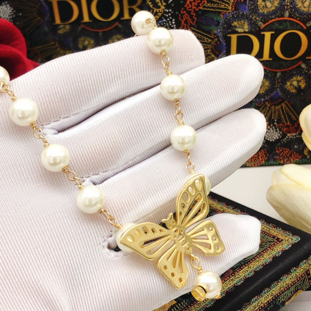 18K Dior Butterfly Pearl Chain Necklace