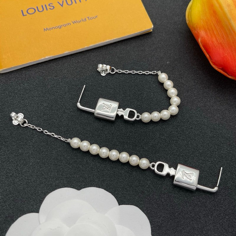 18K Louis Vuitton Pearl Lock Gold Earrings